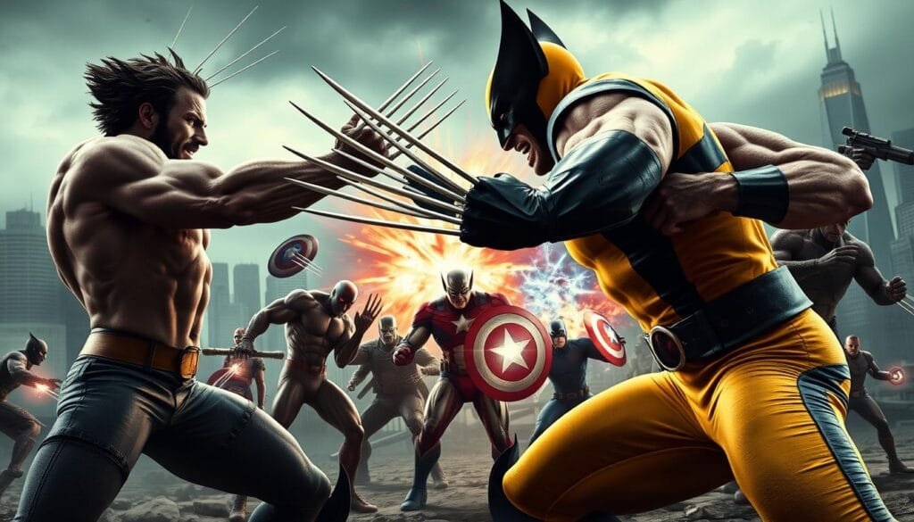 A dynamic crossover scene featuring Wolverine in an epic clash with other iconic Marvel characters. In the foreground, Wolverine's claws slice through the air, locked in intense combat with a muscular foe, their figures bathed in dramatic chiaroscuro lighting. In the middle ground, a team of superheroes converge, their powers clashing in a spectacular display of energy beams, shields, and superhuman abilities. The background depicts a gritty, urban cityscape, skyscrapers silhouetted against a stormy sky, emphasizing the high-stakes, cinematic nature of the encounter. The overall atmosphere is one of raw power, tension, and the thrilling unpredictability of a classic Marvel crossover event.