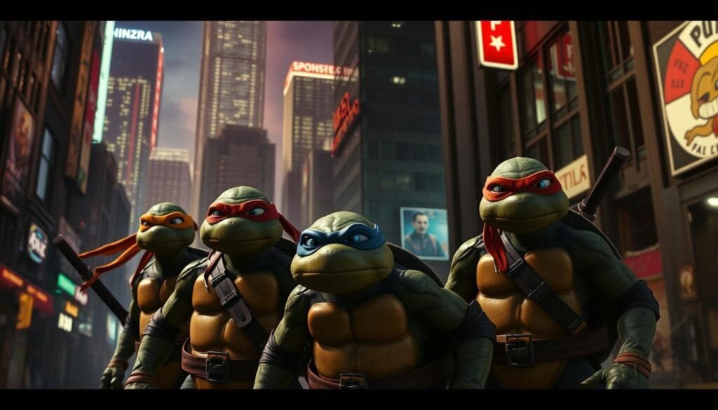 A dynamic, detailed scene of the Teenage Mutant Ninja Turtles in an urban setting. In the foreground, the four brothers - Leonardo, Raphael, Donatello, and Michelangelo - stand tall and proud, their iconic masks and weapons at the ready. The middle ground features a gritty, neon-lit city backdrop, with towering skyscrapers and shadowy alleyways. Dramatic cinematic lighting casts dramatic shadows, heightening the mood of action and adventure. In the background, glimpses of the turtles' lair and their mentor Splinter can be seen, hinting at the rich world of the franchise. The overall atmosphere is one of energy, excitement, and the eternal struggle between good and evil.