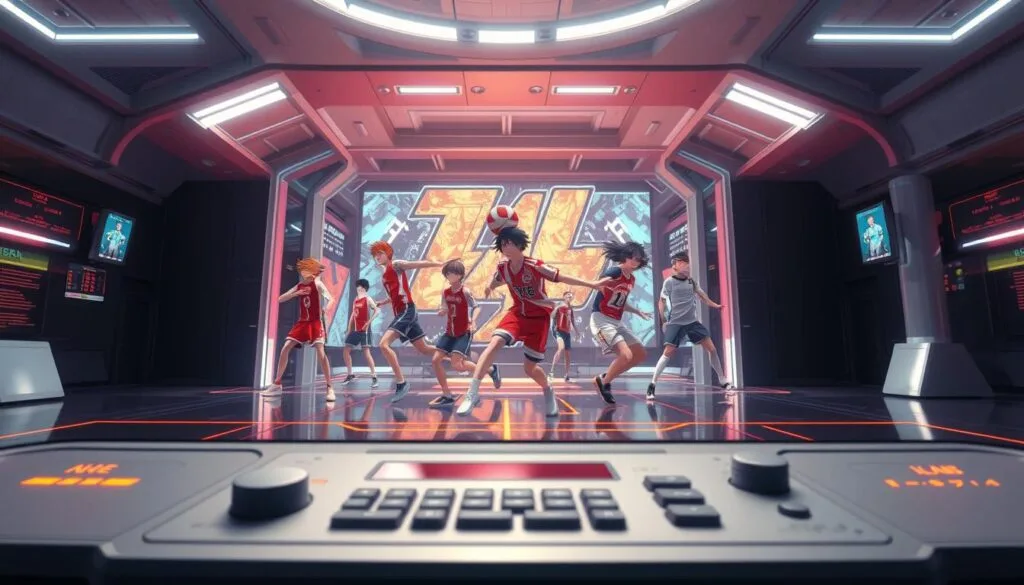 A dynamic, futuristic-looking scene depicting the popular anime series "Haikyu!!" being generated on state-of-the-art AI image creation platforms. In the foreground, a sleek, minimalist user interface with various controls and options, hinting at the customization and flexibility of the platforms. The middle ground showcases vibrant, detailed character models from Haikyu!!, captured in dynamic poses that convey the energy and drama of the series. The background features a sleek, high-tech environment with holographic displays, futuristic architecture, and a sense of innovation and progress. Vibrant colors, clean lines, and a sense of technological sophistication pervade the scene, creating an immersive and compelling visual representation of the intersection between Haikyu!! and the latest advancements in AI-powered image generation.