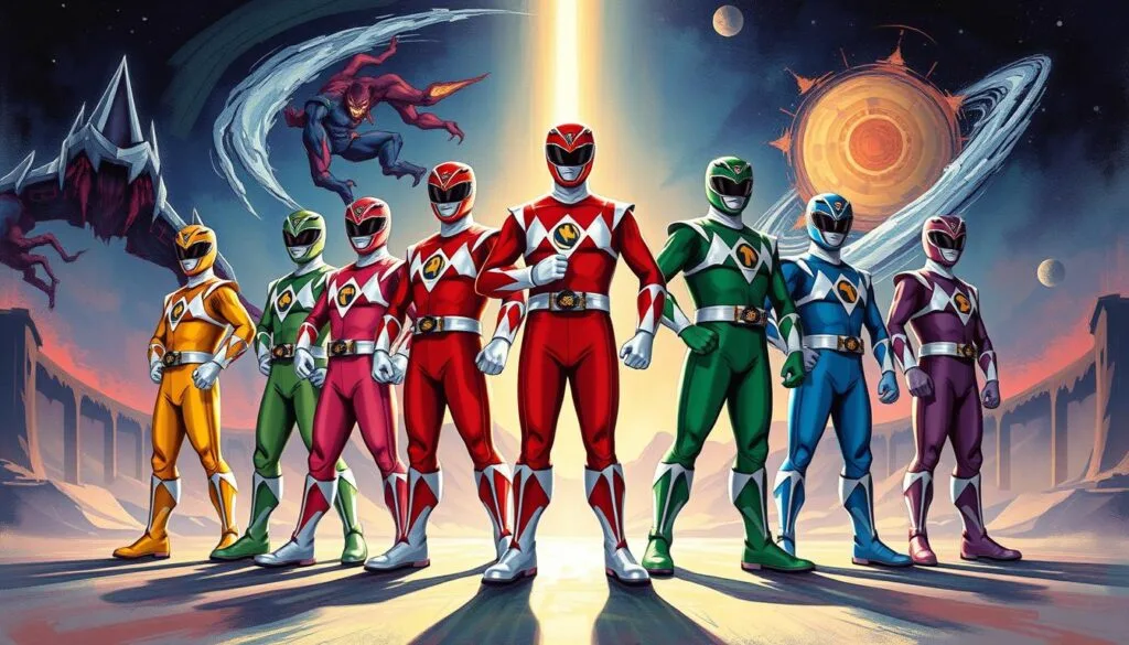 A dynamic group of Power Rangers in a vibrant, artistic style. The heroes stand tall and proud, their costumes stylized with bold lines, dynamic brushstrokes, and a palette of primary colors. The background features a surreal, abstract landscape with swirling energy and cosmic elements, creating a sense of movement and power. Dramatic lighting casts dynamic shadows, highlighting the Rangers' heroic poses. The overall composition conveys a sense of strength, teamwork, and the distinct visual flair of various artistic movements, from expressionism to pop art.