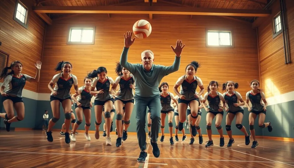 A dynamic group portrait of the Karasuno high school volleyball team, captured in a vibrant and energetic moment on the court. In the foreground, the players leap and dive, their athletic forms in sharp focus, expressions intense with determination. The middle ground features the team's coach, guiding and encouraging the players with a stern yet supportive demeanor. In the background, the gymnasium's wooden floors and high ceilings create a sense of scale and setting, while warm, natural lighting filters in from windows, bathing the scene in a golden glow. The overall atmosphere conveys the team's camaraderie, skill, and unwavering spirit as they strive towards their volleyball goals.