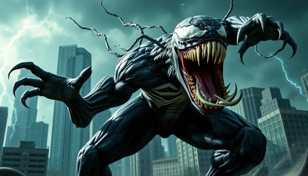 A dynamic, high-energy action scene featuring Venom, the symbiotic alien entity. In the foreground, Venom's muscular, sinewy form is frozen in a powerful leap, its massive fanged maw open in a roar as it attacks. Intricate black and white tendrils and veins of the symbiote ripple across its body, conveying a sense of primal ferocity. The middle ground shows a urban setting, with towering skyscrapers and a moody, stormy sky providing a dramatic backdrop. Flashes of lightning illuminate the scene, casting deep shadows and highlights that accentuate Venom's imposing presence. The overall atmosphere is one of raw, visceral intensity, capturing the dynamic energy and sheer power of this iconic Marvel character in action.