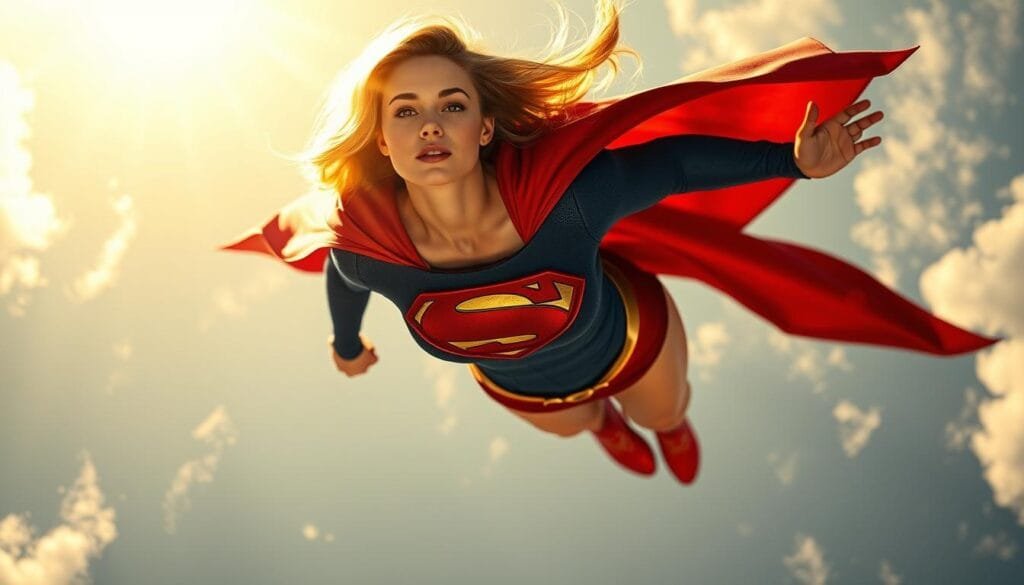 A dynamic, high-flying Supergirl soaring through the sky, her long cape billowing behind her and her powerful stance conveying strength and determination. The sun's golden rays illuminate her from the side, casting dramatic shadows and highlights across her chiseled features and vibrant red and blue costume. Wisps of clouds drift lazily in the background, hinting at the vast, expansive sky. The camera angle is low, capturing Supergirl from a dynamic, elevated perspective that emphasizes her heroic, larger-than-life presence. An aura of confidence and heroism radiates from the image, befitting the iconic Supergirl character.