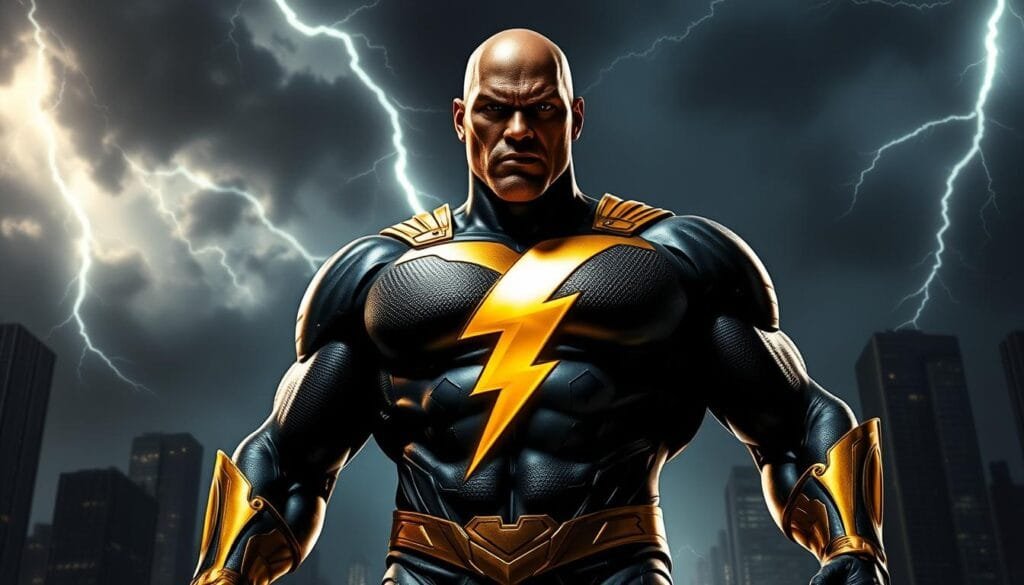 A dynamic, hyper-realistic rendering of the DC superhero Black Adam, standing tall and commanding with an imposing presence. Dramatic lighting casts deep shadows, accentuating the hero's chiseled features and powerful physique. The background is a moody, storm-swept cityscape, with ominous clouds and flashes of lightning illuminating the scene. Black Adam's iconic costume, complete with the lightning bolt emblem, is rendered in vivid detail, capturing the raw energy and might of this formidable character. The overall composition conveys a sense of awe-inspiring power and the ability of AI-generated imagery to bring iconic comic book characters to life with stunning realism.