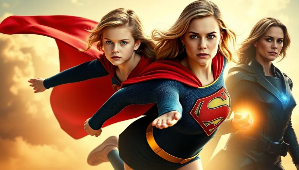 A dynamic montage showcasing Supergirl's evolution through the ages. In the foreground, a young Kara Zor-El in her classic blue, red, and gold costume, her cape billowing as she soars through the sky. Behind her, an older Supergirl in a sleek, modern suit, her hands glowing with solar energy. In the background, a weathered but determined Kara in a battle-worn uniform, her eyes narrowed with determination. The scene is bathed in a warm, golden light, creating a sense of timelessness and heroic legacy. Cinematic angles and a sense of motion convey the character's growth and transformation over the years.