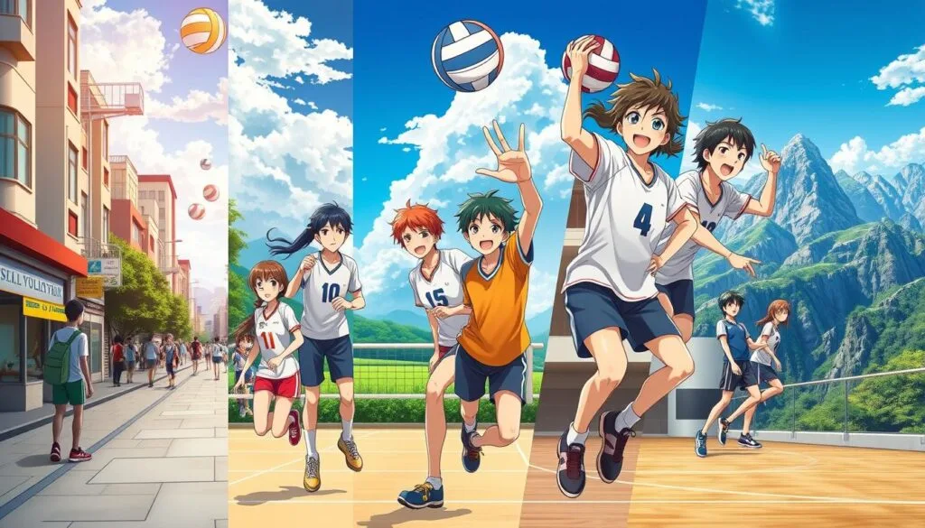 A dynamic, multi-panel scene showcasing the beloved anime series "Haikyu!!" in various real-world contexts. Across the composition, the colorful cast of volleyball players are seamlessly integrated into distinct settings - a bustling city street, a serene countryside landscape, a modern urban gymnasium, and an awe-inspiring natural backdrop. The characters display their signature athletic poses and expressions, captured with cinematic lighting and attention to detail. The scene conveys a sense of energy, camaraderie, and the universal appeal of the series, inviting the viewer to immerse themselves in the diverse world of "Haikyu!!". Rendered with a photorealistic style and a balance of realism and stylization, this image will serve as a visually striking representation of the different contexts in which the beloved anime can be explored.