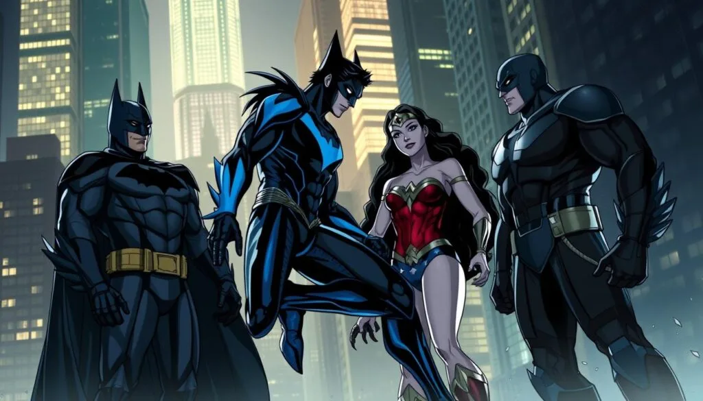 A dynamic night scene in Gotham City, where Nightwing, the acrobatic hero, is interacting with other iconic DC characters. Nightwing, in his signature blue and black costume, is engaged in a collaborative moment, possibly strategizing or exchanging information, with Batman, Wonder Woman, and Cyborg. The scene is bathed in a moody, atmospheric lighting, creating a sense of heightened drama and heroic tension. The characters are posed in a natural, yet powerful composition, conveying a sense of teamwork and camaraderie. The background features the towering skyscrapers of Gotham, creating a sense of scale and urban setting. The overall mood is one of anticipation and heroic action, befitting the title of the section.