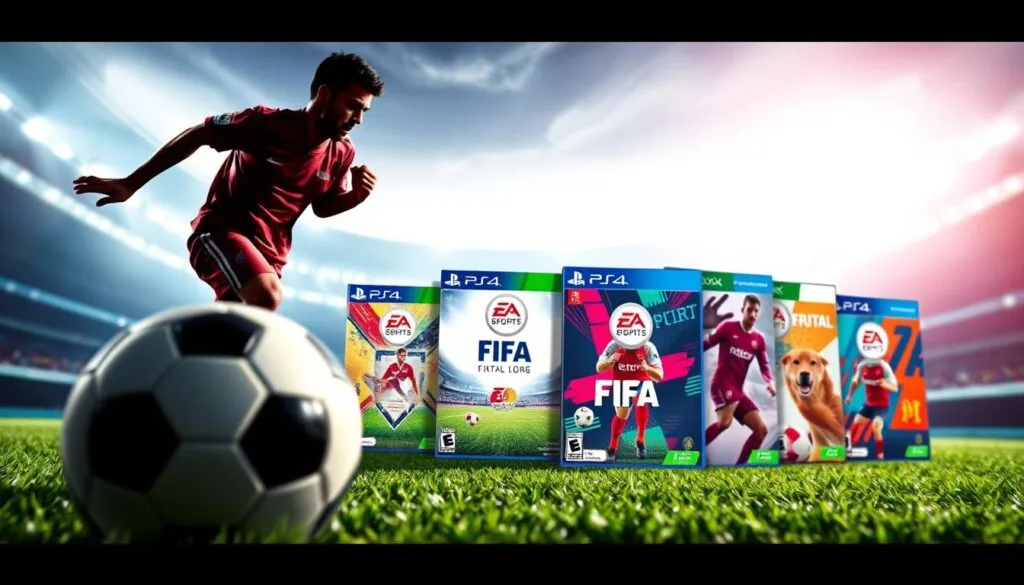 A dynamic, photorealistic image of customizable FIFA game covers. In the foreground, a meticulously detailed soccer ball and player silhouette, capturing the essence of the sport. The middle ground showcases a collection of vibrant, personalized FIFA cover designs, each with a unique flair and style. The background features a blurred, futuristic stadium backdrop, accentuating the high-tech, immersive nature of the FIFA gaming experience. Crisp, natural lighting illuminates the scene, creating depth and drama. Shot with a wide-angle lens to convey a sense of grandeur and importance, this image perfectly encapsulates the creative potential of designing custom FIFA covers.