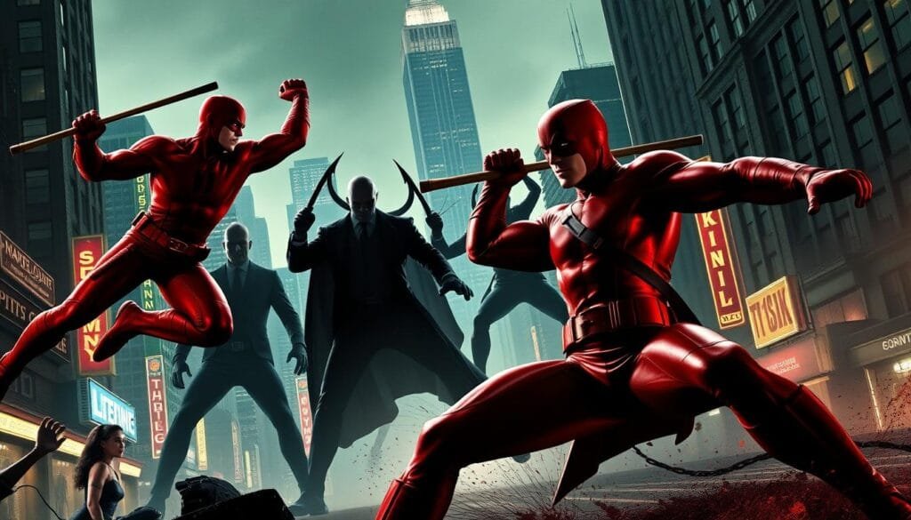 A dynamic scene of Daredevil, the fearless Marvel superhero, engaged in an intense battle against his iconic villains. In the foreground, Daredevil's crimson-clad figure leaps into action, his billy club swinging with precision as he confronts his adversaries. The middle ground features the sinister silhouettes of villains like Kingpin, Bullseye, and Elektra, their malevolent presence casting shadows across the gritty urban landscape. The background showcases the towering skyscrapers and neon-lit streets of Hell's Kitchen, the setting for Daredevil's relentless fight for justice. Dramatic lighting casts sharp contrasts, highlighting the dynamic poses and the high-stakes clash between the hero and his formidable foes. A cinematic, noir-inspired atmosphere permeates the scene, capturing the intensity and gravity of Daredevil's eternal struggle to protect his city.