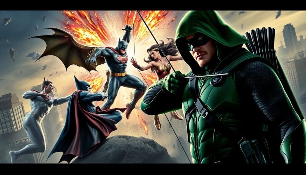 A dynamic scene of Green Arrow engaging in thrilling crossover adventures. In the foreground, the emerald archer stands tall, bow drawn, his iconic costume and determined expression capturing the essence of the character. In the middle ground, a clash of heroes unfolds, with Green Arrow interacting with other iconic DC characters such as Batman, Superman, or Wonder Woman, their powers and abilities complementing each other in a visually captivating display. The background features a gritty, urban landscape, the city skyline providing a dramatic backdrop for the heroic encounter. Lighting is dramatic, with shadows and highlights accentuating the dynamic poses and action. The overall mood is one of excitement, heroism, and the rich tapestry of the DC Universe.
