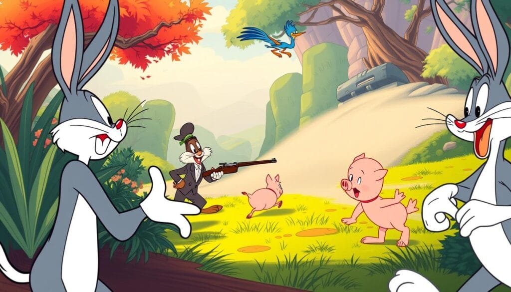 A dynamic scene of Looney Tunes characters interacting in a vibrant, cartoonish world. In the foreground, Bugs Bunny and Daffy Duck engage in a humorous back-and-forth, their exaggerated gestures and facial expressions capturing the signature Looney Tunes style. In the middle ground, Elmer Fudd cautiously stalks through the lush, illustrated landscape, his rifle at the ready, while Porky Pig scurries in the opposite direction. In the background, Wile E. Coyote chases the Road Runner, a cloud of dust trailing behind them as they dash across the frame. The overall scene is rendered with bold, saturated colors, dynamic camera angles, and a playful, energetic atmosphere that perfectly captures the spirit of the classic Looney Tunes cartoons.