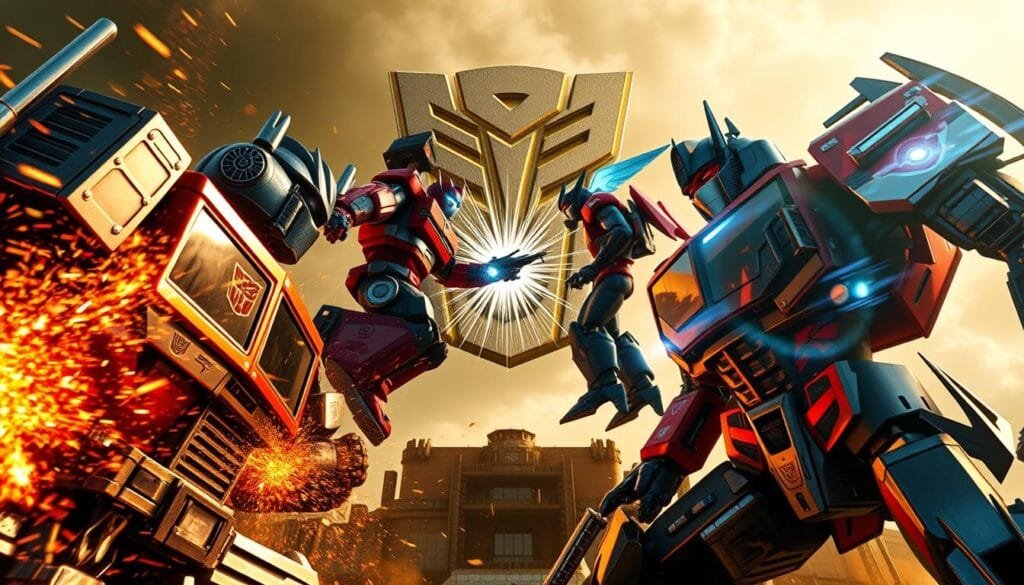 A dynamic scene of Transformers characters crossing over with other popular franchises. In the foreground, Optimus Prime and Megatron engage in an epic battle, their metal forms clashing amidst a swirl of energy and sparks. Hovering in the middle ground, the Decepticon leader Starscream faces off against a famous manga hero, their powers intertwining in a dazzling display. In the distant background, the iconic Autobot and Decepticon insignias loom, framing the clash of titans. The scene is bathed in a warm, cinematic lighting, capturing the drama and high-stakes clash of these beloved characters from different worlds. Wide, sweeping camera angle to showcase the grand scale of the crossover event.