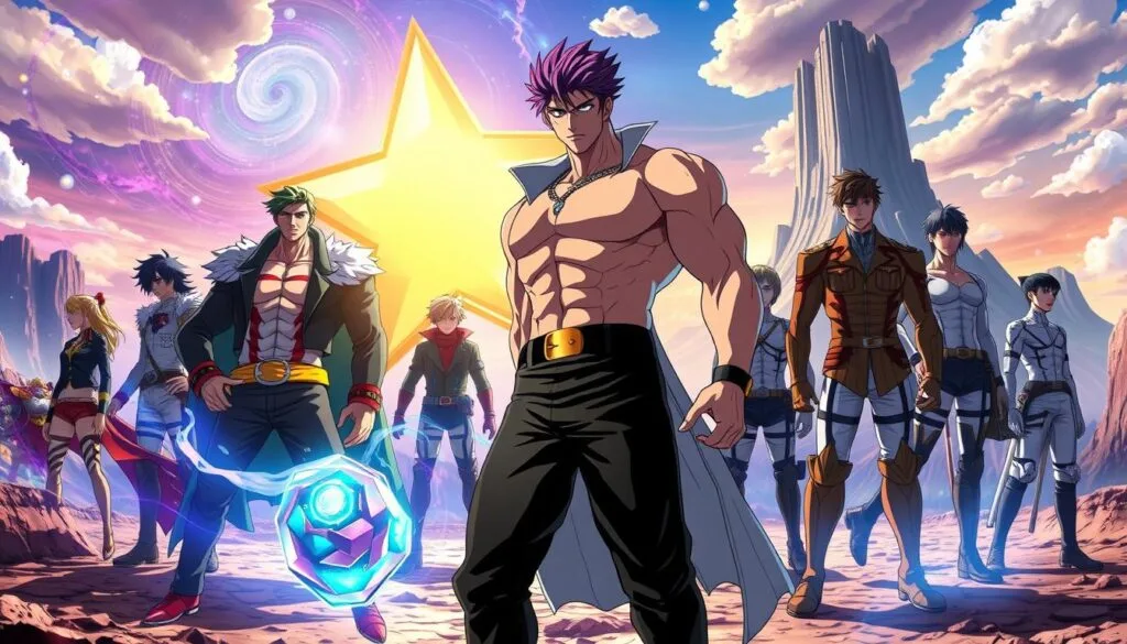A dynamic scene of crossover characters from the iconic anime series JoJo's Bizarre Adventure, set against a vibrant, cinematic backdrop. In the foreground, the muscular, flamboyant Jotaro Kujo stands tall, his powerful Stand, Star Platinum, materializing behind him. Alongside him, characters from other beloved franchises, such as Eren Jaeger from Attack on Titan and Edward Elric from Fullmetal Alchemist, join forces, their unique abilities and visual flair blending seamlessly. The middle ground features a surreal, dreamlike environment, with swirling cosmic energies and mysterious, glowing artifacts hinting at the supernatural forces at play. In the background, a towering, otherworldly landscape sets the stage, hinting at the grand scale and epic nature of this crossover encounter. Dramatic lighting and a cinematic camera angle enhance the sense of dynamism and power, creating a visually stunning and immersive image that celebrates the creative intersection of these iconic anime universes.