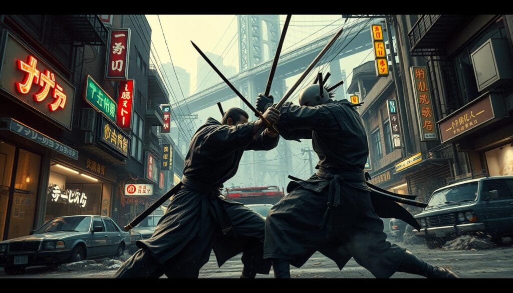 A dynamic scene of intense combat in the streets of Tokyo, with two imposing figures locked in a fierce battle. In the foreground, the combatants clash with katanas, their blades clashing in a blur of motion, the air thick with tension. In the middle ground, the surrounding architecture provides a gritty, urban backdrop, with neon-lit storefronts and abandoned vehicles adding to the sense of a chaotic, lawless environment. In the background, a looming cityscape of skyscrapers and bridges, shrouded in atmospheric haze, creates a sense of scale and immersion. The lighting is dramatic, with deep shadows and highlights accentuating the powerful movements of the fighters, the scene infused with a palpable sense of danger and adrenaline.