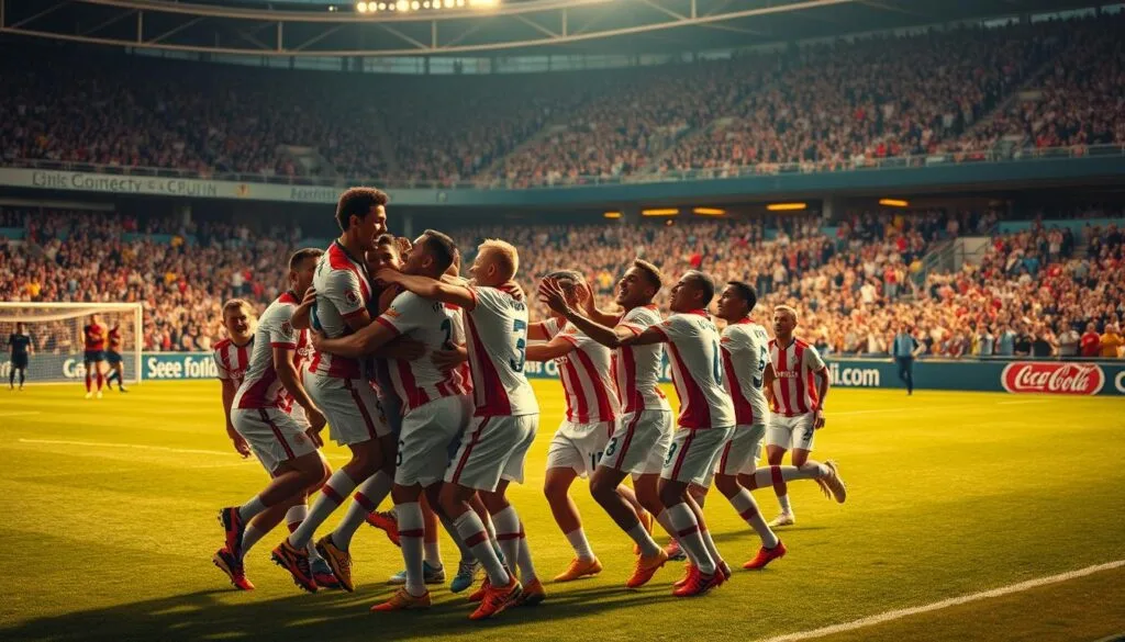 A dynamic scene of joyous football players celebrating a hard-fought goal on a lush, well-lit pitch. In the foreground, a cluster of players leap and embrace, their faces alight with exhilaration. The midground captures the energy of the moment, with teammates rushing in to join the celebrations. In the background, a vibrant crowd of fans erupts in cheers, creating a sense of electric atmosphere. The lighting is warm and natural, casting a golden glow across the entire composition. The camera angle is slightly elevated, giving a panoramic view of the celebration unfolding below. Capture the spirit of triumph and camaraderie that embodies the thrill of scoring a decisive goal.