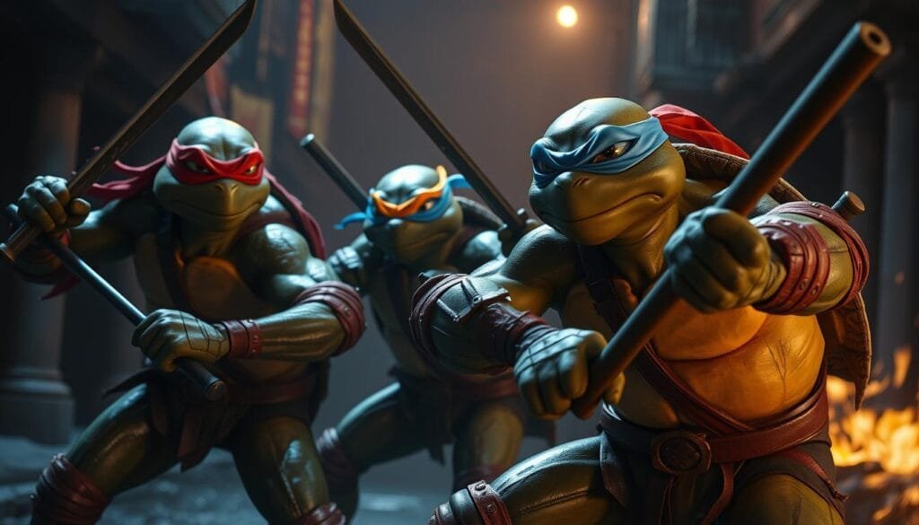 A dynamic scene of the iconic Teenage Mutant Ninja Turtles, rendered in a captivating photorealistic style using advanced AI technology. The four turtles, each with their distinctive color-coded masks and weapons, are depicted in a detailed, lifelike manner, their muscular forms and expressive faces conveying a sense of power and agility. The scene is set in a dimly lit, gritty urban environment, with a moody, atmospheric lighting that casts dramatic shadows and highlights the turtles' defined features. The turtles are captured in a mid-action pose, their weapons drawn, ready to engage in a fierce battle against unseen foes, exuding a palpable sense of tension and energy. The overall composition is balanced and visually striking, making for a captivating and immersive depiction of these beloved comic book icons.