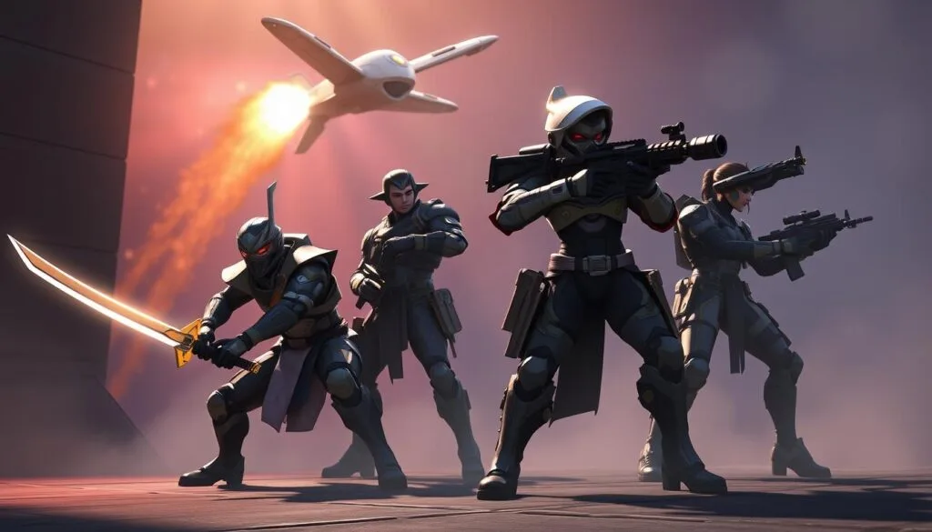 A dynamic team of Overwatch 2 damage heroes stand ready for battle, their unique abilities and combat styles on full display. In the foreground, a menacing Genji deftly wields his sword, his cybernetic body poised for swift strikes. Beside him, Soldier: 76 crouches, assault rifle at the ready, providing cover fire. In the middle ground, the fiery Pharah hovers, her rocket launcher primed to unleash a barrage from above. In the background, the stealthy Widowmaker peers through her scope, searching for the perfect sniping opportunity. Dramatic lighting casts dramatic shadows, heightening the sense of intensity and impending combat. The scene is rendered with a gritty, hyper-realistic style that captures the high-stakes, high-tech world of Overwatch 2.