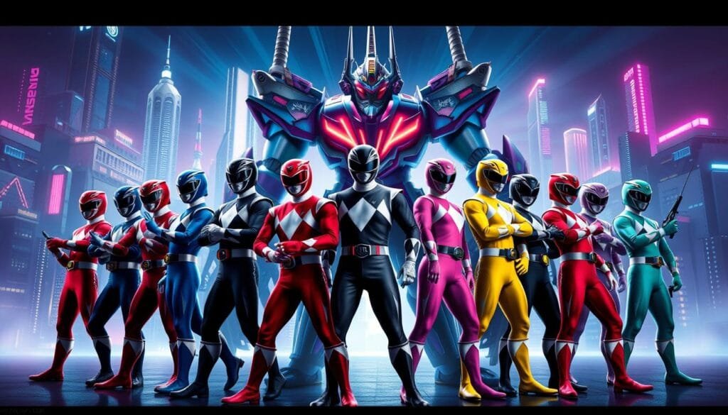 A dynamic team of Power Rangers from various franchises, standing in heroic poses against a futuristic, neon-lit cityscape. The Rangers are clad in their iconic armor, each with a unique color scheme and distinct weapons or abilities. In the foreground, the Red, Blue, Yellow, and Pink Rangers stand ready to defend the city, their expressions determined and resolute. In the middle ground, the Black, Green, and White Rangers provide support, their dynamic movements captured in mid-action. In the background, a towering mecha or zord looms, its advanced technology and powerful presence adding to the sense of scale and grandeur. The scene is bathed in a vibrant, pulsing light, creating an atmosphere of energy, adventure, and the awe-inspiring power of the Power Rangers' collective might. A dynamic team of Power Rangers from various franchises, standing in heroic poses against a futuristic, neon-lit cityscape. The Rangers are clad in their iconic armor, each with a unique color scheme and distinct weapons or abilities. In the foreground, the Red, Blue, Yellow, and Pink Rangers stand ready to defend the city, their expressions determined and resolute. In the middle ground, the Black, Green, and White Rangers provide support, their dynamic movements captured in mid-action. In the background, a towering mecha or zord looms, its advanced technology and powerful presence adding to the sense of scale and grandeur. The scene is bathed in a vibrant, pulsing light, creating an atmosphere of energy, adventure, and the awe-inspiring power of the Power Rangers' collective might.