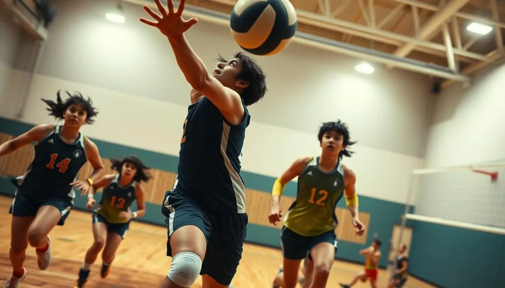 A dynamic team of volleyball players mid-game, with sweat glistening on their focused expressions. The foreground features the star setter tossing the ball high, arms outstretched in a decisive motion. Teammates dash forward, bodies taut with anticipation, as the camera catches the action from a low angle. The background blurs, emphasizing the intensity of the moment - a gymnasium with wooden floors, bright overhead lights casting dramatic shadows. Vibrant colors of the players' uniforms pop against the muted tones, creating a sense of energetic movement. The scene conveys the thrill and camaraderie of Haikyu!!'s iconic volleyball matches.