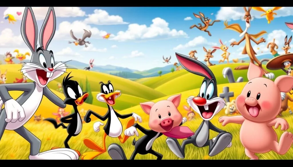A dynamic, vibrant scene depicting the classic Looney Tunes characters in a lively, playful setting. The foreground features Bugs Bunny, Daffy Duck, and Porky Pig engaging in their signature slapstick antics, their exaggerated expressions and poses conveying the signature Looney Tunes humor. The middle ground showcases the iconic Looney Tunes backdrops, with a colorful, whimsical landscape of rolling hills, a bright blue sky, and fluffy white clouds. The background is filled with various other Looney Tunes characters, such as Elmer Fudd, Yosemite Sam, and Wile E. Coyote, all frozen in dynamic, animated poses. The lighting is warm and cheerful, casting a playful glow over the entire scene. The overall tone is one of unbridled joy, energy, and the classic Looney Tunes spirit. A dynamic, vibrant scene depicting the classic Looney Tunes characters in a lively, playful setting. The foreground features Bugs Bunny, Daffy Duck, and Porky Pig engaging in their signature slapstick antics, their exaggerated expressions and poses conveying the signature Looney Tunes humor. The middle ground showcases the iconic Looney Tunes backdrops, with a colorful, whimsical landscape of rolling hills, a bright blue sky, and fluffy white clouds. The background is filled with various other Looney Tunes characters, such as Elmer Fudd, Yosemite Sam, and Wile E. Coyote, all frozen in dynamic, animated poses. The lighting is warm and cheerful, casting a playful glow over the entire scene. The overall tone is one of unbridled joy, energy, and the classic Looney Tunes spirit.