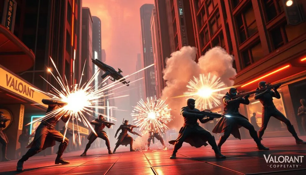 A dynamic, visually striking scene depicting the core abilities of Valorant characters. In the foreground, a skilled agent wielding a high-tech weapon performs a devastating ultimate ability, energy beams and sparks radiating outward. Surrounding them, other agents utilize their distinct skills - a sniper takes precise aim, a support casts a shimmering barrier, an initiator deploys a tactical dart. The middle ground is alive with the intensity of combat, with flashes of light, billowing smoke, and a sense of strategic movement. In the background, the neon-tinged cityscape of a Valorant map provides an urbane, futuristic setting, the architecture and environment imbued with a sense of technological innovation. Warm lighting casts dramatic shadows, heightening the dynamic, high-stakes atmosphere. Precise, cinematic camera angles capture the action with a sense of dramatic flair.