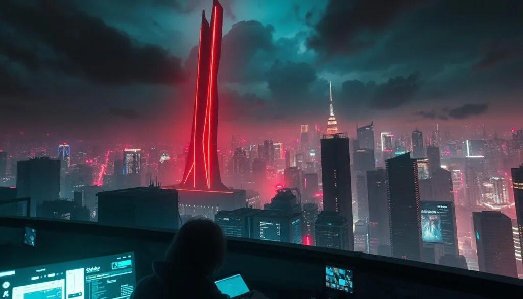 A dystopian cityscape at night, bathed in an eerie, neon-tinged glow. In the foreground, a person sits hunched over a malfunctioning computer terminal, surrounded by glitching screens and tangled wires - a metaphor for the common pitfalls and challenges of crafting effective AI-generated prompts. The middle ground features a towering, monolithic structure, its sleek, angular design a nod to the ominous, technologically-advanced world of Black Mirror. In the background, a dense, hazy skyline dotted with skyscrapers and ominous clouds, creating a sense of unease and uncertainty. The lighting is dramatic, with harsh shadows and highlights, emphasizing the high-contrast, neo-noir aesthetic. The camera angle is slightly low, giving the viewer a sense of being overwhelmed by the imposing, dystopian environment.