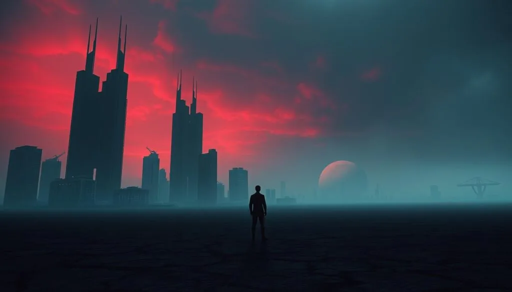 A dystopian universe, shrouded in a hazy, oppressive atmosphere. In the foreground, towering skyscrapers loom, their angular silhouettes casting long shadows across a desolate, cracked landscape. Amid the sprawling cityscape, a lone figure stands, their back turned, gazing up at the ominous sky - a sky tinged with shades of crimson and indigo, devoid of hope. The scene is illuminated by a dim, eerie glow, as if the very air is charged with a sense of unease. In the distance, the faint outlines of more structures can be seen, their shapes distorted and unnatural, a testament to the technological advancements that have come at a great cost. This is a world where the pursuit of progress has led to the erosion of humanity, a world that stands as a cautionary tale of the dangers of unchecked technological growth.