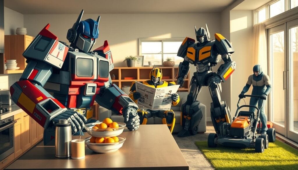 A family of Transformers robots engaged in everyday human activities, captured in a realistic and humorous style. In the foreground, Optimus Prime is cooking breakfast in a modern kitchen, his massive frame dwarfing the appliances. In the middle ground, Bumblebee is reading a newspaper on the living room couch, his yellow chassis blending seamlessly with the domestic setting. In the background, Megatron is mowing the lawn, his intimidating presence softened by the mundane task. Warm, natural lighting bathes the scene, creating a cozy, relatable atmosphere that juxtaposes the mechanical nature of the Transformers. The composition is balanced and visually appealing, inviting the viewer to imagine these iconic characters inhabiting a world not unlike our own.