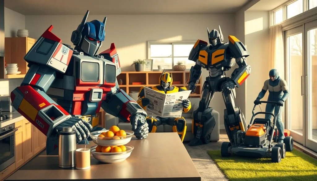 A family of Transformers robots engaged in everyday human activities, captured in a realistic and humorous style. In the foreground, Optimus Prime is cooking breakfast in a modern kitchen, his massive frame dwarfing the appliances. In the middle ground, Bumblebee is reading a newspaper on the living room couch, his yellow chassis blending seamlessly with the domestic setting. In the background, Megatron is mowing the lawn, his intimidating presence softened by the mundane task. Warm, natural lighting bathes the scene, creating a cozy, relatable atmosphere that juxtaposes the mechanical nature of the Transformers. The composition is balanced and visually appealing, inviting the viewer to imagine these iconic characters inhabiting a world not unlike our own. A family of Transformers robots engaged in everyday human activities, captured in a realistic and humorous style. In the foreground, Optimus Prime is cooking breakfast in a modern kitchen, his massive frame dwarfing the appliances. In the middle ground, Bumblebee is reading a newspaper on the living room couch, his yellow chassis blending seamlessly with the domestic setting. In the background, Megatron is mowing the lawn, his intimidating presence softened by the mundane task. Warm, natural lighting bathes the scene, creating a cozy, relatable atmosphere that juxtaposes the mechanical nature of the Transformers. The composition is balanced and visually appealing, inviting the viewer to imagine these iconic characters inhabiting a world not unlike our own.