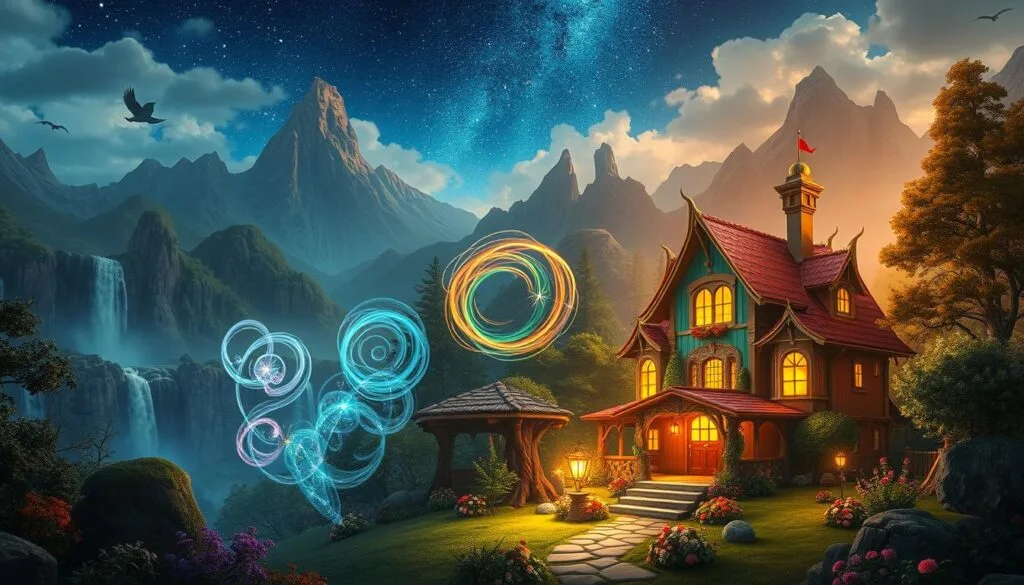 A fantastical and enchanting scene showcasing the magical world of Encanto through the lens of artificial intelligence. In the foreground, a vibrant and colorful representation of the Madrigal family's enchanted home, with its whimsical architecture and lush, verdant surroundings. In the middle ground, a mesmerizing display of the family's unique magical gifts, each one represented by a swirling, ethereal manifestation of their powers. In the background, a dreamlike landscape of towering mountains, cascading waterfalls, and a starry night sky, all rendered with a touch of digital artistry. The scene is bathed in a warm, ambient lighting, creating a sense of wonder and mysticism, as if the viewer is stepping into the heart of the Encanto itself, where the boundaries between the physical and the magical are blurred. The overall composition conveys a harmonious blend of the natural and the supernatural, reflecting the essence of the Encanto and its inhabitants. A fantastical and enchanting scene showcasing the magical world of Encanto through the lens of artificial intelligence. In the foreground, a vibrant and colorful representation of the Madrigal family's enchanted home, with its whimsical architecture and lush, verdant surroundings. In the middle ground, a mesmerizing display of the family's unique magical gifts, each one represented by a swirling, ethereal manifestation of their powers. In the background, a dreamlike landscape of towering mountains, cascading waterfalls, and a starry night sky, all rendered with a touch of digital artistry. The scene is bathed in a warm, ambient lighting, creating a sense of wonder and mysticism, as if the viewer is stepping into the heart of the Encanto itself, where the boundaries between the physical and the magical are blurred. The overall composition conveys a harmonious blend of the natural and the supernatural, reflecting the essence of the Encanto and its inhabitants.