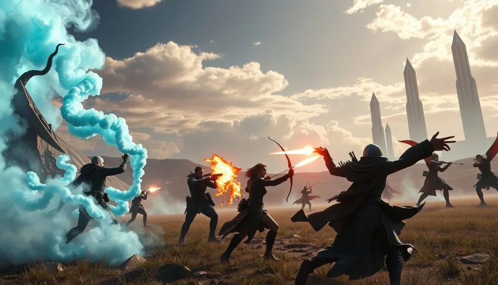 A fantastical battlefield in an alternate Valorant universe, where agents wield elemental powers amidst a striking sci-fi landscape. In the foreground, a Viper agent coils her toxic smoke, while a Sova agent draws back his icy arrow. In the middle ground, a Brimstone agent ignites the sky with fiery artillery as a Jett agent deftly evades, her flowing robes billowing in the wind. In the distant background, towering crystalline structures pierce a vivid, surreal sky, casting dramatic shadows across the scene. The lighting is dramatic, with deep shadows and vibrant highlights, as if captured through a high-quality cinematic lens. The overall mood is one of dynamic, elemental power and a sense of being transported to an extraordinary, otherworldly conflict.