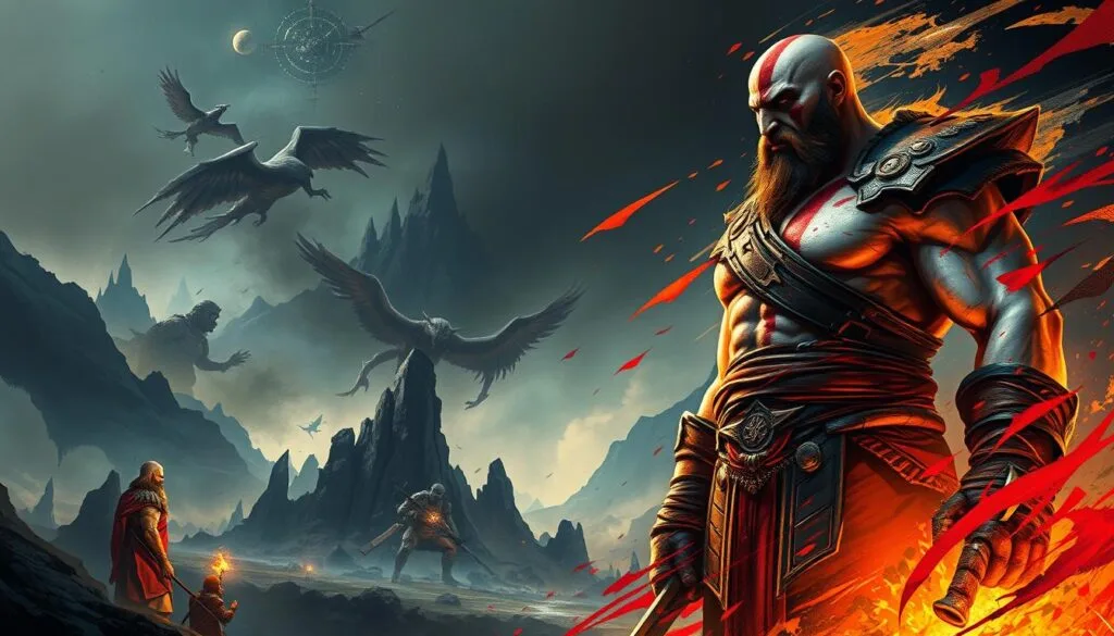 A fantastical illustration of the God of War universe, rendered in a variety of artistic styles. In the foreground, the towering, battle-hardened figure of Kratos stands resolute, his chiseled features illuminated by the warm glow of torchlight. Swirling around him, a collage of vibrant, abstract brushstrokes evoke the dynamic, visceral energy of the game's combat. In the middle ground, rugged, rocky landscapes loom, their jagged forms hinting at the treacherous environments Kratos must navigate. The background is shrouded in a moody, atmospheric haze, with hints of celestial imagery and mythological iconography subtly woven throughout, creating a sense of grandeur and otherworldly power. The overall effect is a captivating fusion of realism and expressionism, capturing the essence of the God of War franchise.