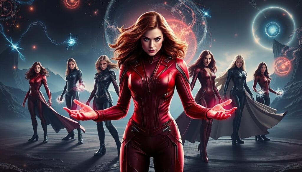 A fantastical scene depicting various alternative versions of Scarlet Witch. In the foreground, the iconic heroine appears in a vibrant, crimson-hued costume, her hands aglow with mystical energy. In the middle ground, alternate versions of Scarlet Witch emerge, each with a distinct visual style - one in a sleek, high-tech suit, another shrouded in a flowing, ethereal cloak. The background depicts a surreal, otherworldly landscape, with swirling energy fields and cosmic phenomena, hinting at the character's immense magical abilities and the boundless possibilities of her alternate incarnations. Dramatic lighting casts dynamic shadows, heightening the sense of power and drama. Rendered with a cinematic, high-contrast aesthetic to capture the character's complexity and the vast scope of her narrative potential.