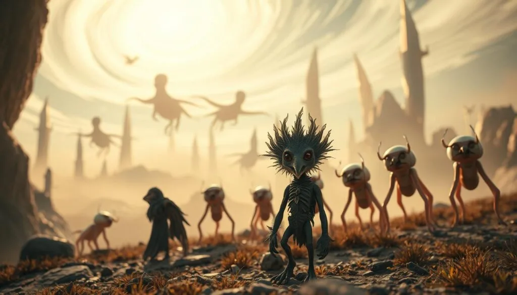 A fantastical scene of unique characters and creatures set against a dreamlike landscape. In the foreground, a whimsical humanoid figure with a bird-like face and ornate, feathered wings stands poised, its gaze intense and penetrating. In the middle ground, a pack of bizarre, four-legged creatures with bulbous, translucent bodies and ethereal tendrils glide effortlessly through the air. In the background, a surreal, otherworldly vista of floating islands, towering crystal formations, and a luminous, swirling sky. Warm, diffused lighting bathes the scene, creating a sense of wonder and enchantment. Capture this imaginative, visually striking composition using a 50mm lens with a shallow depth of field to emphasize the focal points.