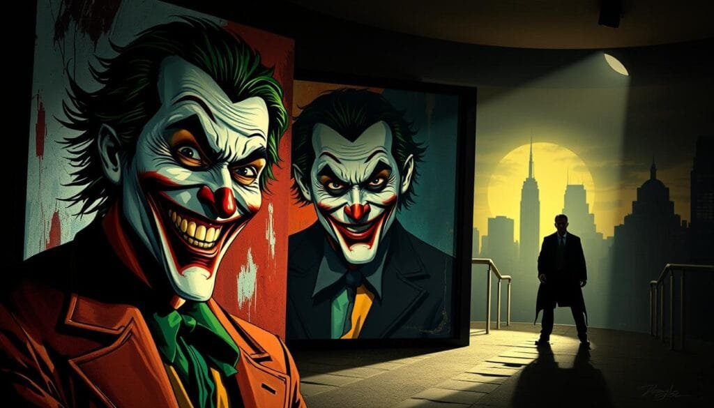 A fantastical scene showcasing various artistic styles inspired by the Joker character. In the foreground, a striking portrait of the Joker in the bold, expressive strokes of a neo-expressionist painting, his face a mask of manic glee. In the middle ground, a cubist interpretation of the Joker, fragmented and angular, set against a dynamic, color-blocked background. In the distant background, a moody, film noir-inspired cityscape, the Joker's sinister silhouette looming ominously. Theatrical lighting casts dramatic shadows, evoking a dark, cinematic atmosphere. The overall composition blends these distinct artistic treatments seamlessly, creating a visually captivating homage to the Joker's many facets. A fantastical scene showcasing various artistic styles inspired by the Joker character. In the foreground, a striking portrait of the Joker in the bold, expressive strokes of a neo-expressionist painting, his face a mask of manic glee. In the middle ground, a cubist interpretation of the Joker, fragmented and angular, set against a dynamic, color-blocked background. In the distant background, a moody, film noir-inspired cityscape, the Joker's sinister silhouette looming ominously. Theatrical lighting casts dramatic shadows, evoking a dark, cinematic atmosphere. The overall composition blends these distinct artistic treatments seamlessly, creating a visually captivating homage to the Joker's many facets.