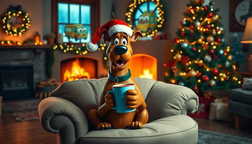 A festive Scooby-Doo in a cozy living room, decorated for the holidays. Scooby-Doo is sitting on a plush armchair, wearing a Santa hat and holding a mug of hot chocolate. The room is adorned with twinkling lights, a crackling fireplace, and a beautifully decorated Christmas tree. Soft, warm lighting fills the space, creating a inviting and joyful atmosphere. In the background, glimpses of other holiday decorations and the gang's iconic Mystery Machine can be seen through a window. The composition captures Scooby-Doo's playful and endearing personality as he celebrates the festive season.