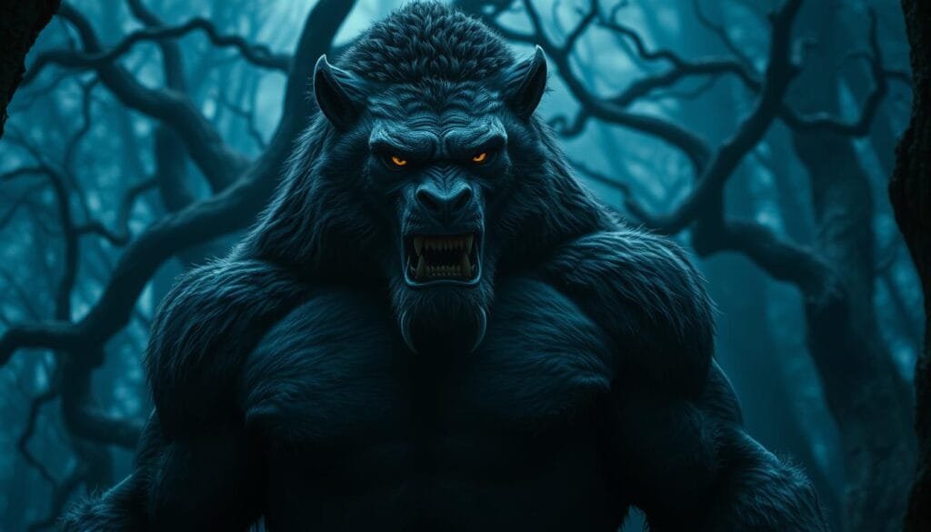 A fierce, muscular Beast stands tall amidst a dark, foreboding forest. His face is shrouded in shadow, brow furrowed with intensity. Thick fur covers his powerful frame, each strand meticulously rendered. Piercing yellow eyes glow with an otherworldly light, conveying a sense of primal, untamed power. In the background, twisted, gnarled trees loom, their branches reaching towards the sky like clawed hands. The scene is bathed in a cold, blue-tinged light, creating an ominous, cinematic atmosphere. The overall impression is one of raw, animalistic strength and a brooding, dangerous presence.
