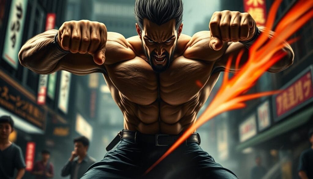 A fiercely intense battle scene featuring Mikey, the charismatic leader of the Tokyo Manji Gang. Mikey stands tall and resolute, his piercing gaze locked on an unseen adversary. Dramatic lighting casts dramatic shadows, accentuating the sharp lines of his face and the powerful musculature of his physique. His hands are clenched into fists, ready to unleash devastating blows. The background is a blurred urban landscape, hinting at the chaotic streets of Tokyo. An aura of raw determination and uncompromising resolve radiates from Mikey, conveying the sheer force of his formidable fighting spirit.
