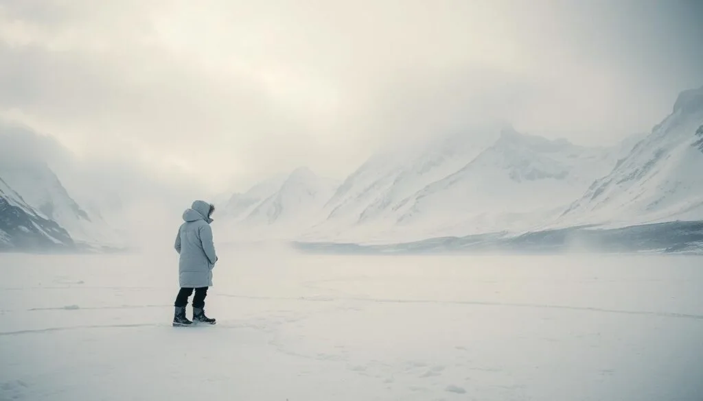 A frozen, desolate landscape shrouded in a crisp, icy hue. In the foreground, a lone figure stands, bundled in a heavy white parka, their breath visible in the chilly air. Towering, snow-capped peaks rise in the distance, their jagged silhouettes cutting through a pale, overcast sky. Icy winds whip through the scene, lending an eerie, haunting atmosphere. The camera angle is low, capturing the vastness and isolation of the wintry environment. Soft, diffused lighting illuminates the scene, casting long shadows and lending a sense of melancholy. This is the cold, bleak atmosphere of a White Christmas.