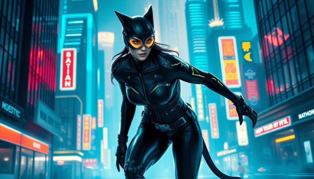 A futuristic Catwoman, sleek and fierce, prowling through a neon-soaked cyberpunk cityscape. Her leather suit clings to her lithe frame, accentuating her feline grace. Glowing lines of circuitry trace her limbs, hinting at advanced tech integrated into her attire. She moves with the fluid movements of a predator, her goggles casting an eerie glow over her face as she scans the hyper-modern skyscrapers towering in the background. The scene is bathed in a cool, azure palette, the only warmth coming from the pulsing neon signs that illuminate the nighttime streets. An atmosphere of technological wonder and danger permeates the image, capturing the essence of a futuristic Catwoman in a world of sleek, cyberpunk aesthetics.