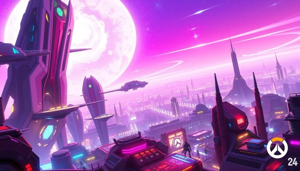 A futuristic Overwatch 2 landscape, bathed in a vibrant neon glow. In the foreground, towering skyscrapers with sleek, angular designs reach towards a vibrant, holographic sky. Floating platforms and advanced transportation systems connect the buildings, creating a sense of technological wonder. In the middle ground, bustling hubs of activity teem with futuristic characters, their movements enhanced by advanced exoskeletons and cybernetic implants. The background features a sprawling cityscape, with glistening spires and shimmering energy fields that hint at the cutting-edge advancements of this world. Dramatic lighting casts dramatic shadows, emphasizing the dynamic architecture and advanced technology that define this futuristic Overwatch 2 setting.