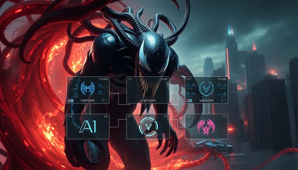 A futuristic and dynamic comparison of AI platforms for creating the ultimate Venom symbiote. In the foreground, the Venom character emerges from a swirling vortex of dark, otherworldly energy, its intricate tendrils and sharp fangs rendered in vivid detail. In the middle ground, three distinct AI platforms are showcased, each represented by sleek, high-tech interfaces and logos. The background features a gritty, industrial cityscape with towering skyscrapers and a moody, neon-tinged atmosphere. Lighting is dramatic, with deep shadows and highlights that accentuate the power and intensity of the scene. The overall mood is one of technological sophistication, raw power, and the sense of an epic, cinematic confrontation.