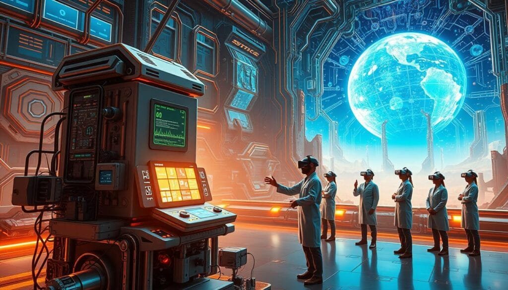 A futuristic and dynamic scene of AI-powered image generators. In the foreground, a towering, sleek machine with a glowing control panel and holographic displays, surrounded by intricate mechanical components. In the middle ground, several engineers in white lab coats and virtual reality headsets, their hands gesturing as they manipulate the interface. The background features a vast, technological landscape with interconnected circuits, cascading data streams, and a vibrant, electric-blue sky, evoking a sense of innovation and boundless creativity. Warm, soft lighting illuminates the scene, creating a sense of awe and wonder. The overall composition conveys the power and potential of AI-driven image generation. A futuristic and dynamic scene of AI-powered image generators. In the foreground, a towering, sleek machine with a glowing control panel and holographic displays, surrounded by intricate mechanical components. In the middle ground, several engineers in white lab coats and virtual reality headsets, their hands gesturing as they manipulate the interface. The background features a vast, technological landscape with interconnected circuits, cascading data streams, and a vibrant, electric-blue sky, evoking a sense of innovation and boundless creativity. Warm, soft lighting illuminates the scene, creating a sense of awe and wonder. The overall composition conveys the power and potential of AI-driven image generation.