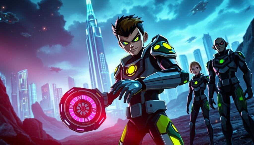 A futuristic and dystopian landscape, where alternative versions of the iconic Ben 10 characters roam. In the foreground, a cybernetically-enhanced Ben Tennyson wielding a sleek, high-tech Omnitrix, its alien forms reflecting a more advanced, darker future. In the middle ground, Gwen and Kevin stand side by side, their powers augmented by alien technology, faces set with determination. In the background, a towering city of gleaming skyscrapers and hovering vehicles, casting an ominous shadow over the scene. Dramatic lighting, with cool blues and purples accentuating the technological aesthetic, and deep shadows adding to the foreboding atmosphere. Cinematic camera angle, capturing the heroes in a powerful, heroic pose, ready to face the challenges of this alternate timeline.