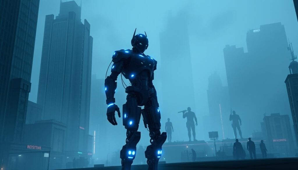 A futuristic cityscape shrouded in an ominous fog, with towering skyscrapers and neon-lit streets. In the foreground, a humanoid figure composed of gears, circuits, and glowing blue energy, representing the power of artificial intelligence. The figure stands tall, its robotic limbs poised, casting an eerie yet captivating presence. In the background, silhouettes of iconic Resident Evil characters emerge from the mist, hinting at the integration of the game's beloved characters and lore with the advancements of AI technology. The scene is bathed in a cool, almost cyberpunk-inspired lighting, creating an atmosphere of technological wonder and impending danger. A futuristic cityscape shrouded in an ominous fog, with towering skyscrapers and neon-lit streets. In the foreground, a humanoid figure composed of gears, circuits, and glowing blue energy, representing the power of artificial intelligence. The figure stands tall, its robotic limbs poised, casting an eerie yet captivating presence. In the background, silhouettes of iconic Resident Evil characters emerge from the mist, hinting at the integration of the game's beloved characters and lore with the advancements of AI technology. The scene is bathed in a cool, almost cyberpunk-inspired lighting, creating an atmosphere of technological wonder and impending danger.