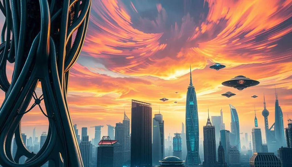 A futuristic cityscape with a fusion of organic and technological elements. The foreground features a towering hybrid structure, a blend of sleek metallic frames and fluid, biomorphic shapes. The middle ground showcases a diverse array of architectural styles, from skyscrapers with intricate patterns to floating, holographic buildings. In the background, a vibrant, chromatic sky with swirling energy fields and pulsing lights creates a sense of dynamism and technological wonder. The lighting is a balance of warm and cool tones, casting dramatic shadows and highlights that accentuate the hybrid nature of the scene. The overall atmosphere evokes a sense of innovation, progress, and the merging of the natural and the artificial.