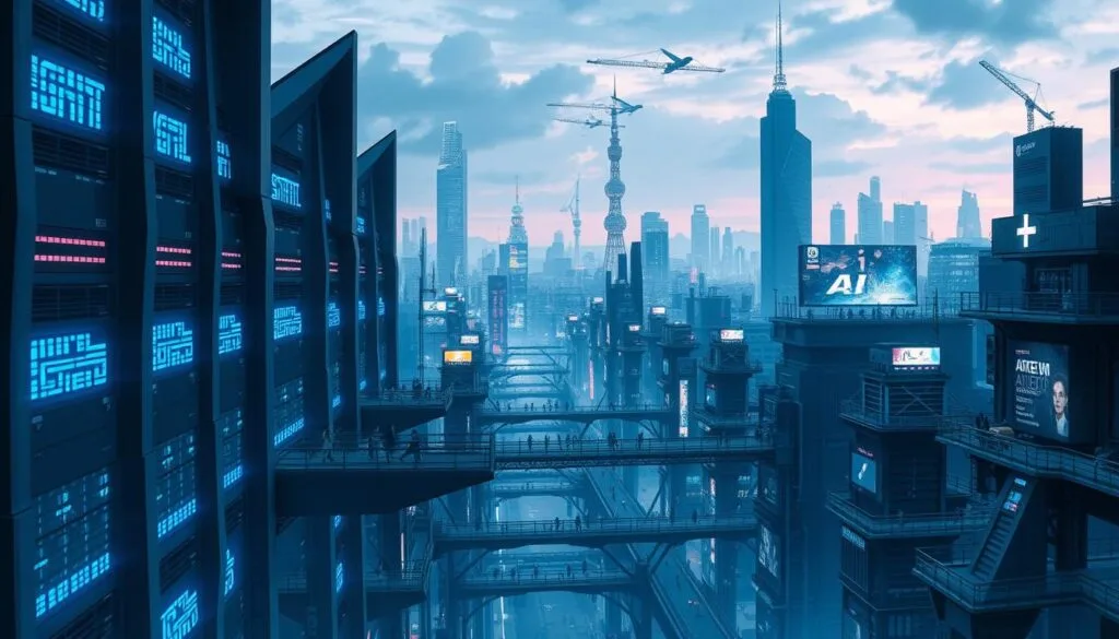 A futuristic cityscape with towering AI platforms, inspired by the dark and gritty world of Tokyo Ghoul. In the foreground, sleek and angular AI servers hum with digital energy, their blue lights casting an ethereal glow. The middle ground features a network of elevated walkways and bridges, bustling with Tokyo Ghoul-inspired characters navigating the AI-powered metropolis. In the background, the iconic Tokyo skyline looms, its skyscrapers and neon billboards creating a cyberpunk atmosphere. The overall scene conveys a sense of technological advancement and the integration of AI into the fabric of this fictional Tokyo, catering to the interests and imagination of Tokyo Ghoul fans.