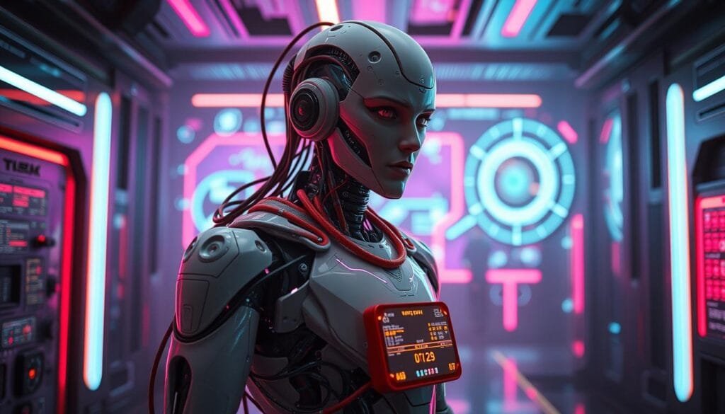 A futuristic cyborg figure standing in a sleek, tech-infused environment. The cyborg's body seamlessly integrates advanced robotic components, wires, and displays, creating a striking fusion of human and machine. Vivid neon lights and holographic projections illuminate the background, conveying a sense of cutting-edge technological integration. The cyborg's gaze is intense, reflecting a blend of human emotions and artificial intelligence. The scene is captured with a cinematic, wide-angle lens, highlighting the scale and complexity of this technological marvel. The overall mood is one of awe-inspiring technological progress and the blurring of boundaries between organic and synthetic. A futuristic cyborg figure standing in a sleek, tech-infused environment. The cyborg's body seamlessly integrates advanced robotic components, wires, and displays, creating a striking fusion of human and machine. Vivid neon lights and holographic projections illuminate the background, conveying a sense of cutting-edge technological integration. The cyborg's gaze is intense, reflecting a blend of human emotions and artificial intelligence. The scene is captured with a cinematic, wide-angle lens, highlighting the scale and complexity of this technological marvel. The overall mood is one of awe-inspiring technological progress and the blurring of boundaries between organic and synthetic.