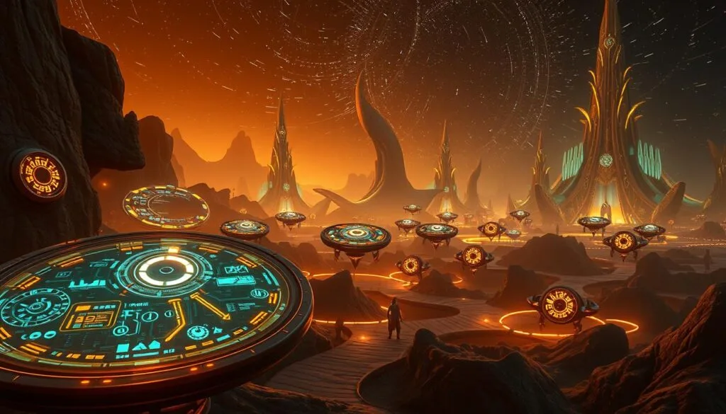A futuristic, glowing Na'vi technology landscape, bathed in warm, bioluminescent light. In the foreground, intricate, organic-looking control panels and interfaces hover above the ground, their surfaces shimmering with a mesmerizing display of holographic symbols and data streams. In the middle ground, sleek, streamlined Na'vi vehicles hover silently, their designs a seamless blend of natural and advanced elements. In the background, towering, bio-engineered structures rise into a starry, alien sky, their flowing, sinuous forms seemingly alive with pulsing energy. The entire scene exudes a sense of advanced, yet harmonious, technological evolution, reflecting the Na'vi's deep connection to their world and their mastery of innovative, eco-friendly design.