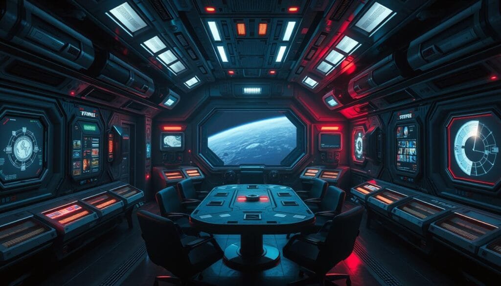 A futuristic, high-tech interior of the Among Us spaceship, with metallic walls, glowing panels, and holographic displays. The dimly lit atmosphere creates an eerie, suspenseful ambiance, emphasizing the tension and uncertainty of the game. In the foreground, the iconic emergency meeting table is the central focus, surrounded by chairs in a semicircle. The middle ground features the ship's various systems and controls, while the background showcases the vast expanse of space through large viewports. The lighting is a blend of cool, bluish tones and warm, reddish hues, creating a moody, cinematic feel. The composition is balanced and symmetrical, drawing the viewer's attention to the key elements of the iconic Among Us environment.